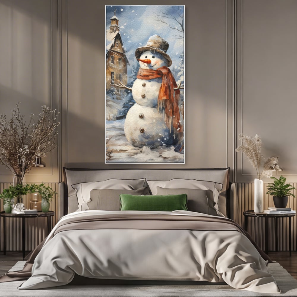 Tablou canvas cu tablou canvas cu om de zapada, in rama de aluminiu argintiu, pe perete intr-un dormitor